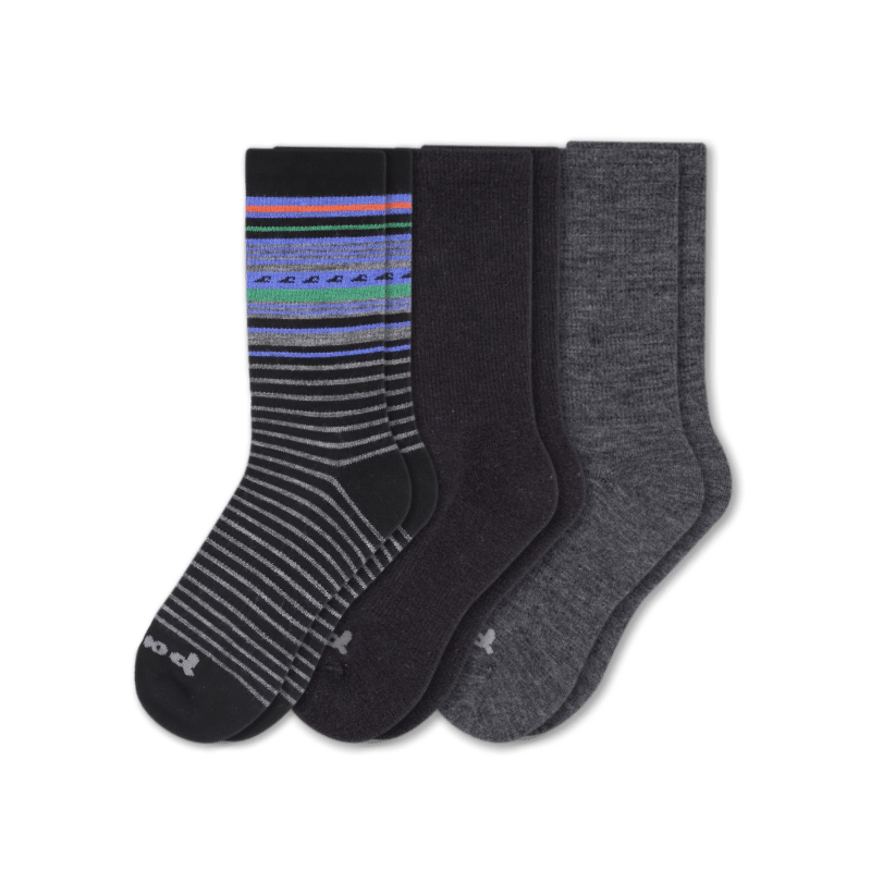 Pacas Mens Alpaca Crew Socks 3-Pack  -  Medium/Large / Black/Charcoal/Stripe Black