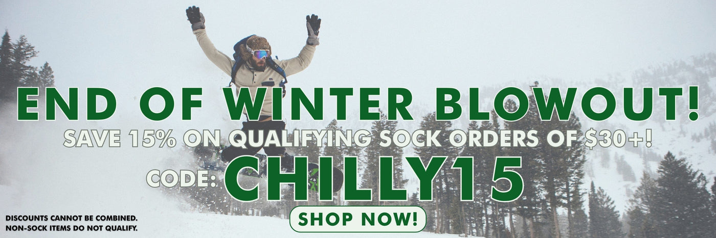 End of Winter Blowout! Save 15% on qualifying sock orders of $30+ with code CHILLY15! Discounts cannot be combined. Non-sock items do not qualify.
