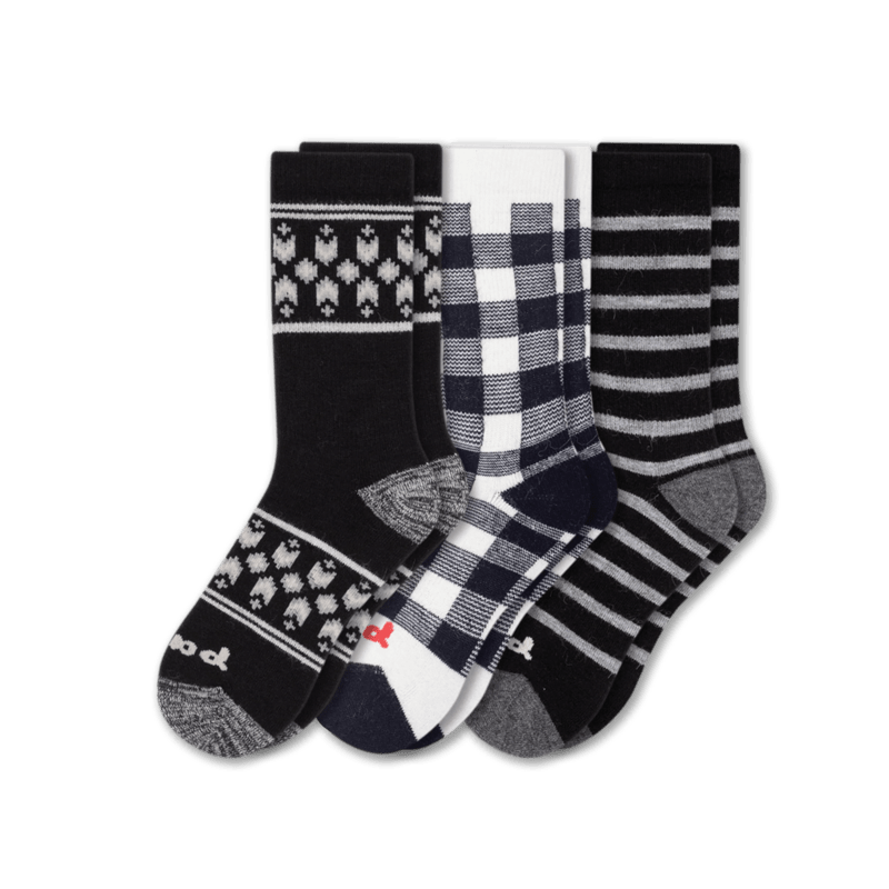 Pacas Womens Alpaca Crew 3-Pack Socks  -  Medium/Large / Multi-Black Designs