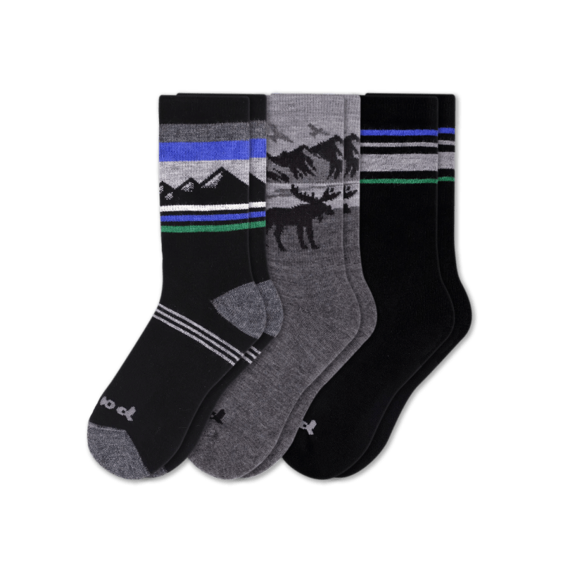 Pacas Mens Alpaca Crew Socks 3-Pack  -  Medium/Large / Black/Mountain Black/Moose Gray