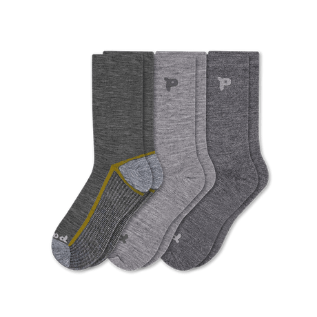 Pacas Mens Alpaca Lightweight Crew Socks 3-Pack  -  Large/X-Large / Striped Sole Charcoal/Solid Grey/Solid Charcoal