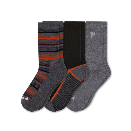 Pacas Mens Alpaca Lightweight Crew Socks 3-Pack  -  Large/X-Large / Variegated Stripe Charcoal/Stripe Sole Black-Orange/Solid Charcoal