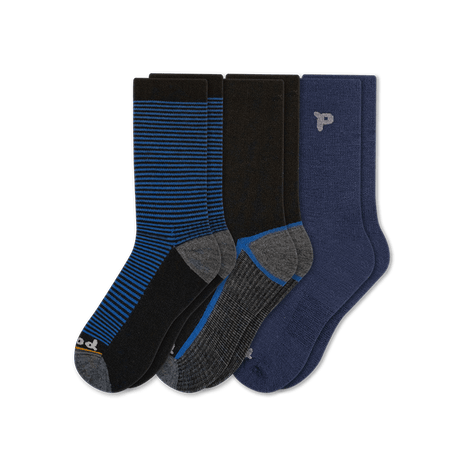 Pacas Mens Alpaca Lightweight Crew Socks 3-Pack  -  Medium/Large / Black Multi Stripe/Striped Sole Black-Blue/Solid Dress Blue