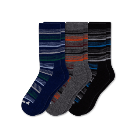 Pacas Mens Alpaca Lightweight Crew Socks 3-Pack  -  Medium/Large / Variegated Stripe Navy/Variegated Stripe Charcoal/Variegated Stripe Black