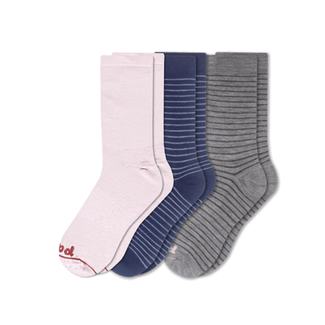 Pacas Womens Lightweight Alpaca Crew Socks 3-Pack  -  Medium/Large / White/Navy Stripe/Charcoal Stripe