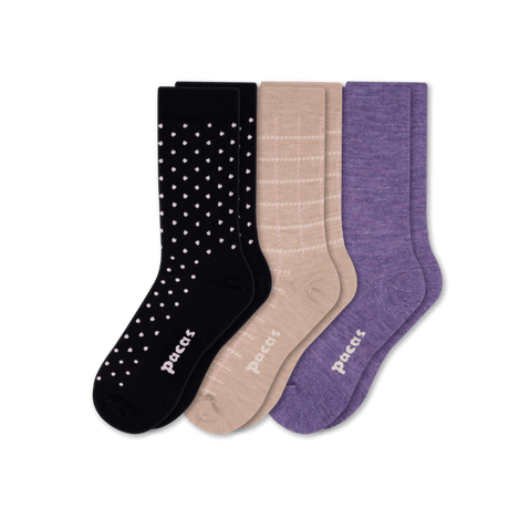 Pacas Womens Lightweight Alpaca Crew Socks 3-Pack  -  Small/Medium / Polka Dots/Tan/Purple