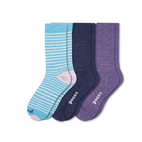 Pacas Womens Lightweight Alpaca Crew Socks 3-Pack  -  Small/Medium / Blue Stripes/Navy/Purple