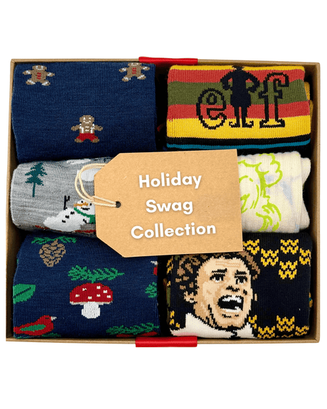 Box of holiday-themed socks with a 'Holiday Swag Collection' tag.