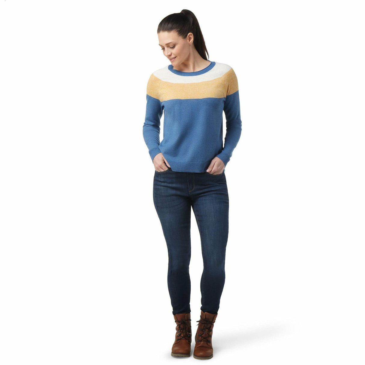Smartwool Womens Edgewood Colorblock Crew Sweater - Clearance  -  Small / Blue Horizon Heather