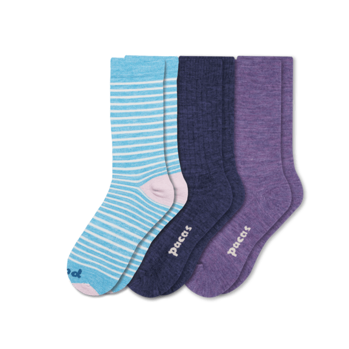 Pacas Womens Lightweight Alpaca Crew Socks 3-Pack  -  Small/Medium / Blue Stripes/Navy/Purple