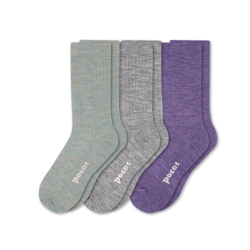 Pacas Womens Lightweight Alpaca Crew Socks 3-Pack  -  Medium/Large / Sage/Gray/Purple