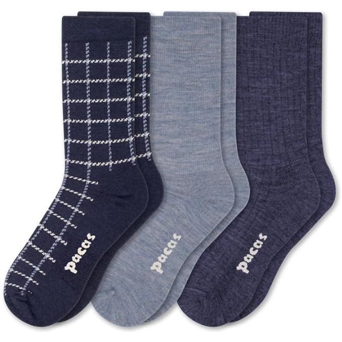 Pacas Womens Lightweight Alpaca Crew Socks 3-Pack  -  Medium/Large / Window Pane Blue