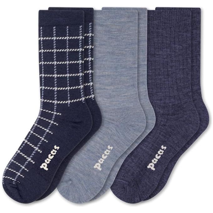 Pacas Womens Lightweight Alpaca Crew 3-Pack Socks  -  Medium/Large / Window Pane Blue