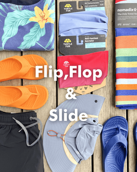 Collection of flip-flops, slides, and accessories on a wooden surface with 'Flip, Flop & Slide' text.
