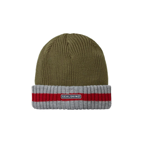 Sealskinz Holkham Waterproof Cold Weather Striped Roll Cuff Beanie  -  Small/Medium / Olive/Gray/Red