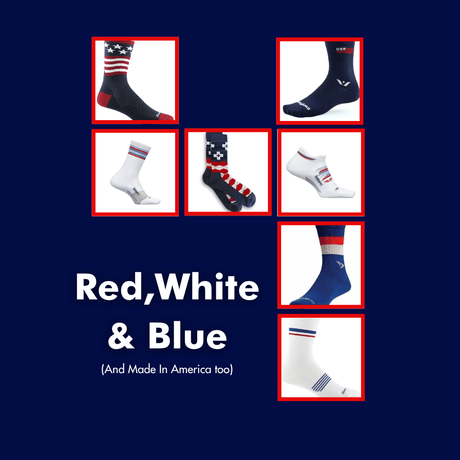 Collage of red, white, and blue socks on a navy background with text.